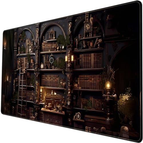 Schwarze Vintage-Schreibtischunterlage im Gothic-Stil, schwarz, dunkles Akademia, mittelalterliches Bücherregal, großes Blumen-Mauspad, XXL-Pflanze, erweiterter Laptop, Computer, Tastatur, Büro,