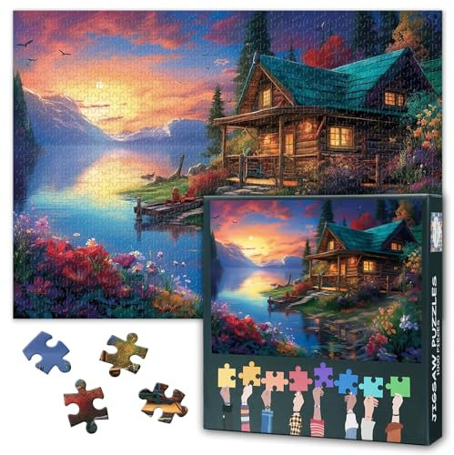 1000 Pieces Wooden House Puzzles for Adults Gift Challenging Beautiful Landscape Jigsaw Puzzles for Family Game Gift Mountain and Lake Jigsaw Puzzle Artwork Decor 27.5X19.7