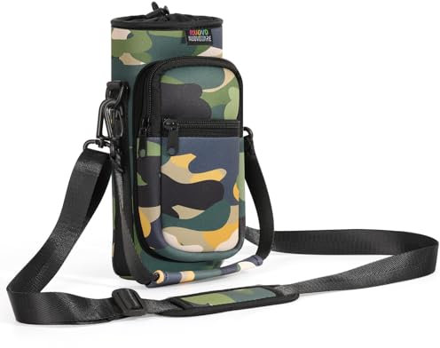Nuovoware Water Bottle Carrier Bag, 750ml Pouch Holder, Adjustable Shoulder Hand Strap 2 Pocket Sling Neoprene Sleeve Sports Accessories for Hiking Travelling, Camouflage Green