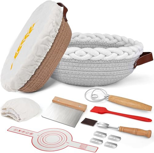 NZQXJXZ Cotton Rope Sourdough Starter Kit, Oval & Round Bread Banneton Proofing Basket with Liners, StarterJar & Bread Scraper for Artisan Bread Baking, Sourdough Proofer Baking Supplies