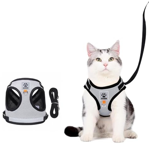 yolzhxe Katzengeschirr mit Leine 1.5m, Verstellbares Katzengeschirr Leine Ausbruchsicher, Atmungsaktive Katzen Geschirr mit Reflektierenden Streifen, Katzenleine für Klein Katze 3-4.5kg, M