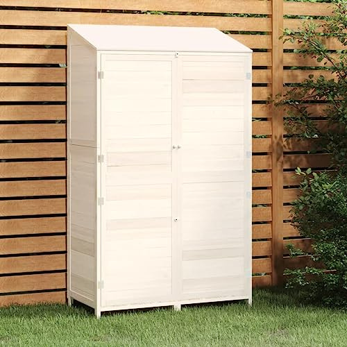 Emmtore Geräteschuppen Gartenhaus Schuppen Gerätehaus Lagerschuppen Satteldach Gartenschrank Pultdach Garten Massivholz Tanne,Weiß,102 x 52 x 174.5 cm