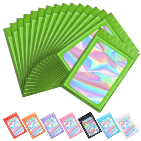 Funfery 100pcs Green Mylar Holographic Bags Packaging Bags for Food Storage | 2.4x3.9Inch Clear Resealable Bag Foil Pouch Bag for Lipgloss,Jewelry,Eyelash Packaging for Small Business