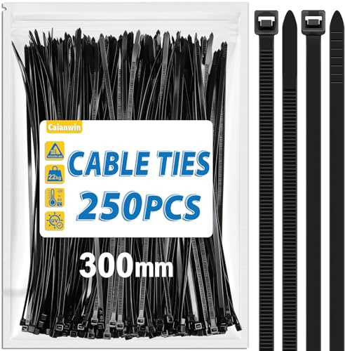 Caianwin 250 Stück Kabelbinder 4,8 mm x 300 mm, Zugfestigkeit Bis Zu 22 KG, Nylon Kabelbinder Schwarz für Industrie, Gartenbau, Kabelindustrie