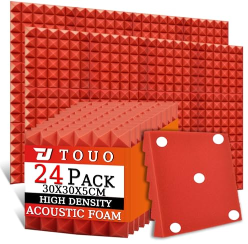 TOUO Akustikschaumstoffplatten, 30 x 30 x 5 cm, schalldichte Pyramiden-Schallschutzplatten für Wände, hochdichte, feuerbeständige Schallschutz-Schaumstoffe für Studio-Wände und Decken, Rot, 24 Stück