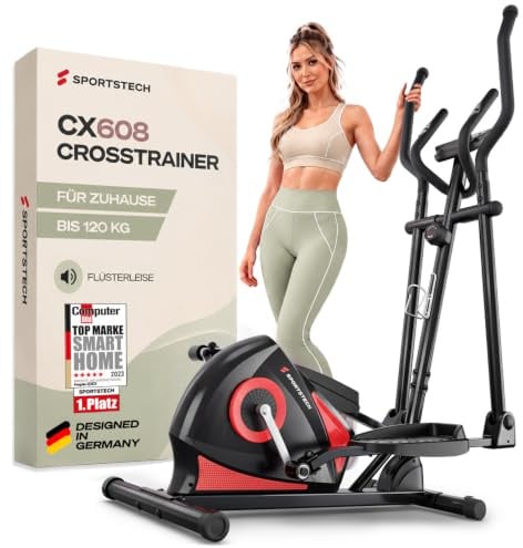 Sportstech CX608 Crosstrainer für Zuhause, leiser Ellipsentrainer mit 8 Widerstandsstufen, 10 kg Schwungrad, LCD Display, Pulssensor bis 120 kg, Fitnessgeräte für Zuhause