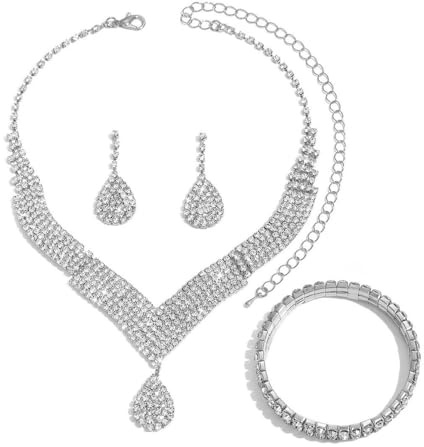 XFSRG 3 Stück Schmucksets für Damen Strass Halskette Ohrringe Armband Set Schmuck Set Elegantes Schmuckset Hochzeit Party Abendkleid Accessoires Brautschmuck Modeschmuck Geschenk