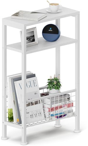 Yuede Narrow Side Table with Magazine Rack, 3-tier Slim Bedside Table, Small End Table for Living Room, Bedroom, MDF & Metal Frame (White)