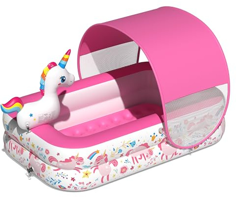 JOSEN Piscine licorne pour enfants avec auvent et arroseur, piscine gonflable pour bébé avec sol rembourré doux, piscine à balles portable pour tout-petits, pour jardin, extérieur/intérieur