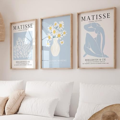 AQCQDQ 3er Matisse Poster Set, Blaue Abstrakte Geometrische, Stilvolle Flower Market Bilder Aesthetic, Leinwand Wanddekoration für Wohnzimmer und Schlafzimmer, Ohne Rahmen (40x50cm)