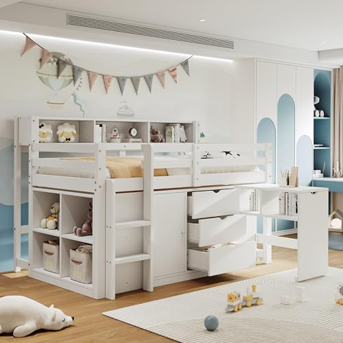 SURUEO 3ft Single Solid Wood Storage Bed Frame with Pull-out Desk, 3 Storage Drawers, Side Cabinet and Headboard Shelves, Space-Saving Design with Storage Compartment, White (No Mattress)