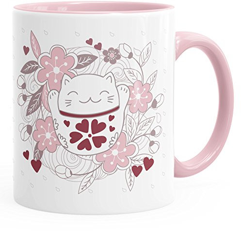 Autiga Kaffee-Tasse Glückstasse Glückskatze Winkekatze Geschenk-Tasse rosa Unisize