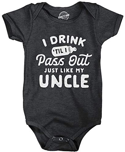 Crazy Dog T-Shirts Funny Baby Newborn Bodysuit – I Drink Til I Pass Out Just Like My Uncle Design – Soft Cotton Blend Comfort Clothes – Baby Boy Shower Gift Humor Outfit - Black 6 Months
