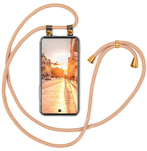 moex Handykette für Samsung Galaxy S20 Plus / 5G Hülle mit Band abnehmbar, Handyhülle mit Kette zum Umhängen, Handyband 155 cm lang Stoff Kordel Umhängehülle, Handy Umhängeband, Gold