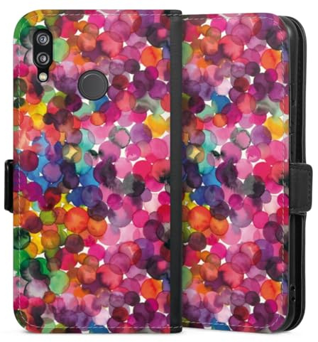 Klapphülle kompatibel mit Huawei P20 Lite Handyhülle aus Kunst Leder schwarz Flip Case bunt Punkte Wasserfarbe