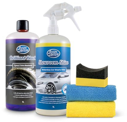 Greased Lightning Bodywork - Tyres & Trim Twin Pack - Showroom Shine 1L Waterless Wash and Wax & Brilliant Black 1L Tyre & Trim Restorer Plus 2 Microfibre Cloths + Tyre Sponge Pack