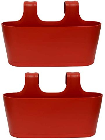 Design 2X Blumentopf Pflanzenkübel für Geländer/Balkon hängend Pflanztopf Blumenkasten in der Farbe Rot mit integrierter Wasserauffangschale