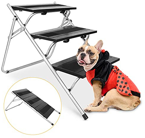 JOEJOY Cabrio Hundetreppe & Rampe, Faltbare Hundetreppe 2 in 1 Faltbare Haustiertreppe für Kleine Hunde und Katzen, 3 Stufen Haustier Kletterleiter für Hochbetten, Auto, Sofa