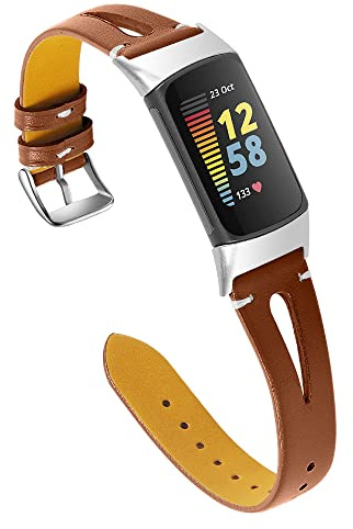 AISPORTS Kompatibel mit Fitbit Charge 5 Strap Leather für Damen Herren,Weiches Schlankes Hohles Atmungsaktives Leder Sport Armband Metallschnalle Armband Ersatzband für Fitbit Charge5 Activity Tracker