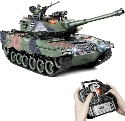 Supdex Carro Armato Telecomandato Leopard II, 1:18 RC Tank con Sparo BB, 15 Canali, Fumo e Suoni Realistici, Modello per Adulti e Bambini 6+