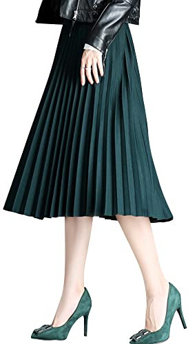 Camilife Damen Mädchen Plisseerock Midirock Damenrock in Mittlere Länge Silberfaser-Stricktuch Faltenrock Elastischer Bund für Frühling Herbst Rocklänge 75cm - Einfarbig Dunkelgrün