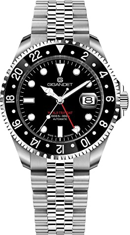 Gigandet Herren-Automatikuhr World Trip GMT - Made in Germany - Swiss Made Automatikuhrwerk SW330-2 - Saphirglas - Super Luminova - Verschraubtes Edelstahlarmband - 300m/30bar - Schwarz - G1000-001M