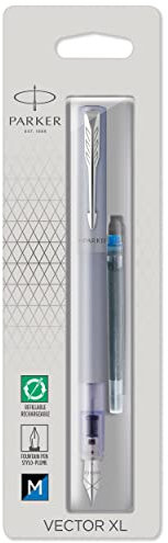 PARKER Vector XL Stylo plume bleu argenté métallisé sur laiton, plume moyenne, cartouche d'encre bleue, blister