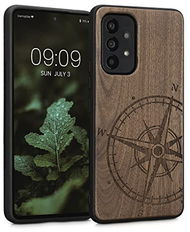 kwmobile Hülle kompatibel mit Samsung Galaxy A53 5G Hülle - Holz Case - Handy Cover - TPU Handyhülle in Dunkelbraun Kompass Vintage