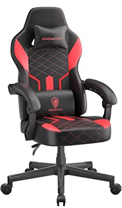 Dowinx Gaming Stuhl Racing Gamer Stuhlmit Frühling Kissen, Verstellbare Höhe Ergonomischer Gaming Sessel, Bürostuhl PU Leder PC-Stuhl Verbreiterte Rückenlehne 180KG (Schwarz Rot)