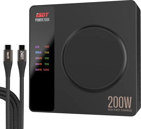 ISDT Power 200 Serie USB C Ladegerät,200W Handy Ladegerät mit 4 USB+1 Kabelloses Ladegerät,APP-Verbindung LCD Display PD 3.1 Schnelles Ladegerät Kompatibel mit iPhone,iPad,MacBook usw (Power 200X)