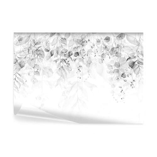 decomonkey Papier Peint Panoramique Adhésif Plante 392x280 cm Gris blanc | Stickers Muraux Salon Chambre Déco XXL Autocollant Murale Bureau, Des arbres jungle forêt feuilles nature plantes