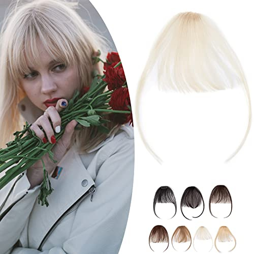 SEGO Clip in Fringe Human Hair Light Bangs [#60 Platinum Blonde] One Piece Real Remy Clip on Real Remy Hairpieces Extension Straight Invisible (3g)