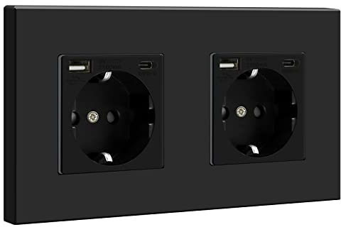 BSEED Enchufe de pared con 1 USB y 1 Tipo C,Negro 16Amp Schuko Enchufe Doble on Panel de Plastico,toma de corriente con 2 x cargadores USB(Max. 2.1A) y Typ C adecuado para Smartphone MP3 Tablet