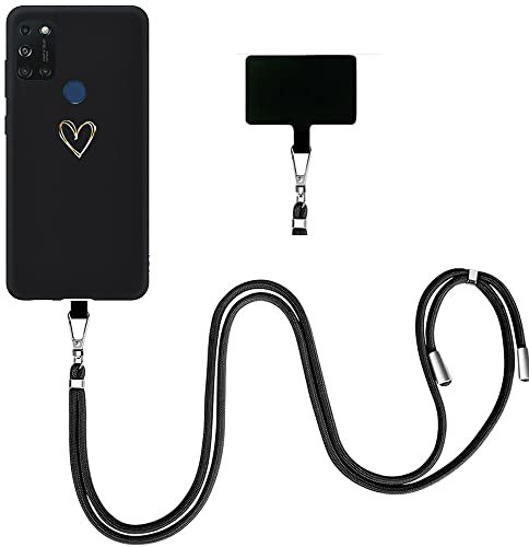 EuoDuo für Wiko View 5 / View 5 Plus Hülle mit Band Handyhülle Handyband Abnehmbare Kordel Handyband zum umhängen Silikon Case Schwarz Schutzhülle Halskette Cover - Gold Liebesherz