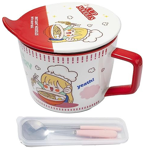 lachineuse - Bol à Nouilles Instantanées - Bol Ramen Japonais & Nouilles Chinoises - Avec Couverts & Couvercle - Bol Petit-Déjeuner, Soupe, Riz - Idée Cadeau Asiatique Japon Chine, Cup Noodles - Rouge