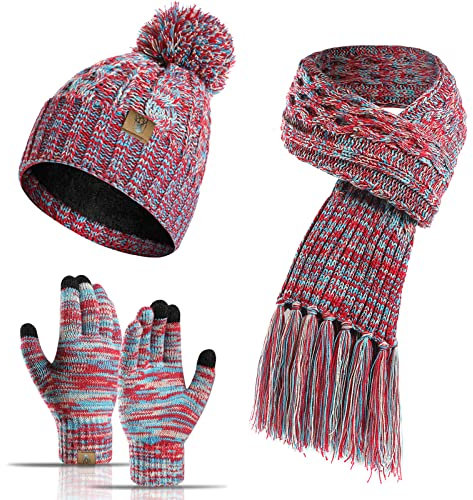INSISMY Mütze Schal handschuhe Set Winter Weich Warm Pelzgefütterte Bommelmütze Langer Schal mit Quaste und Touchscreen Handschuhe Set 3-teiliges Melange Gestrickt Damen Unisex