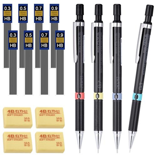 JIANTA Lot de 4 Porte Mines, 4 Criterium 0.3, 0.5, 0.7, 0.9 mm HB Mine 96 de Crayon et 4 Gommes, Criterium Dessin Crayons pour Dessiner, Écrire, Croquis