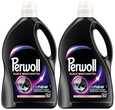 Perwoll Renew Black Waschmittel 2x52 WL (104 Waschladungen), Feinwaschmittel reinigt sanft und erneuert dunkle Farben und Fasern, für alle dunklen Textilien, mit Dreifach-Renew-Technologie