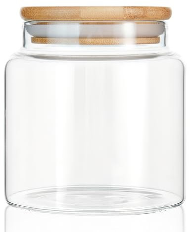 INCETUE 480ML/16Oz Clear Glass Storage Container Jar with Airtight Flat Bamboo Lid, Decorative Small Food Canister for Coffee, Spice, Sugar, Salad, Cereal, Flour, Candy, Cookie