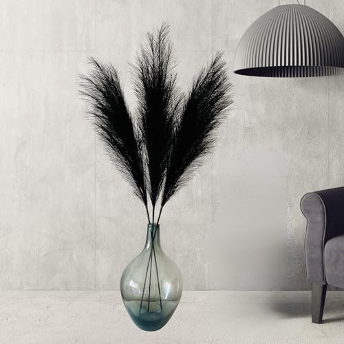 Faux Pampas Grass Fluffy x 3 Stems, Tall Artificial Large Black Ornaments, Living Room Accessories, Large Black Feathers for Tall Floor Vase, Halloween Home Decor, 116cm/45in Long