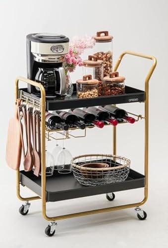 OPREMO Stahl-Barwagen, Servierwagen für Zuhause, Getränkewagen mit Weinregal und Glashalter, 2-stöckiger Getränkewagen auf Rädern, rollender Küchenwagen für Bar, Küche, Esszimmer, Schwarz, Braun, Gold