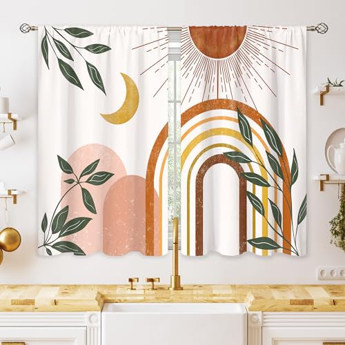 oolygoo Mid Century Abstrakte Boho-Vorhänge für Küche, Motiv: Blätter, Sonne, minimalistische Fensterbehandlung, modern, Café, kurze Fenstervorhänge für Badezimmer, Esszimmer, geometrische
