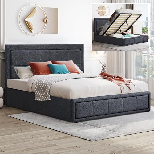 Blisswood Ottoman Bed Frame, 6ft Super King Upholstered Ottoman Bed, UKFR Linen Fabric Ottoman Storage Bed With Gas Lift End Opening Wooden Slats With Storage Bed (6ft Super King, 190 x 214 cm)