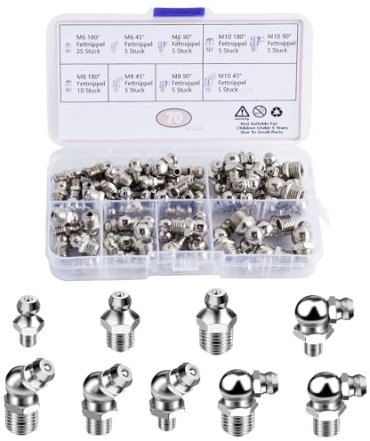 70 Stück Schmiernippel Sortiment Kit M6 M8 M10 Schmiernippel Set | Kegelschmiernippel Gerade und Abgewinkelt 45 ° 90 ° 180 ° Kegelschmiernippel für Schmierpressen mit Aufbewahrungsbox