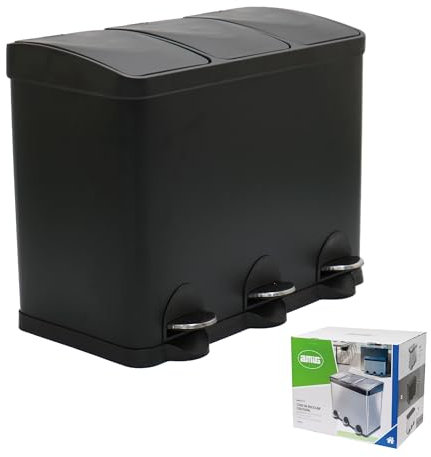Amig - Dreifacher Mülleimer mit Pedalen 45 Liter Mod. RECIK3 | 3 herausnehmbare 15-Liter-Fächer | Recyclingbehälter für die Küche | Stahl | 60 x 37 x 49 cm | Mattschwarz