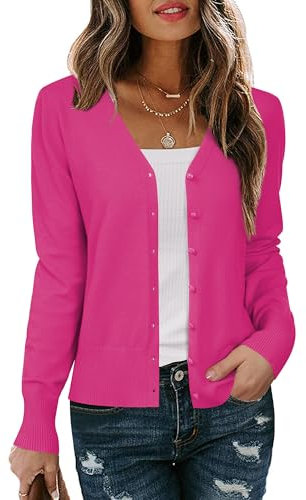 Arach&Cloz Strickjacke Damen V Ausschnitt Leichte Cardigan Langarm Solid Top Shrugs mit Knopf(Rose,XXL)