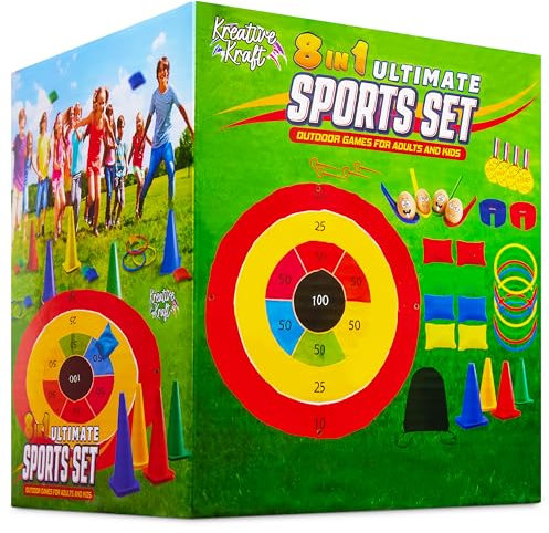KreativeKraft Kids Games Outdoor Play Equipment for Kids Adults Family Garden Toys Sports Day Kit Egg and Spoon Race Ring Toss Sack Race Bean Bag Snakes and Ladders (8 in 1 Set)