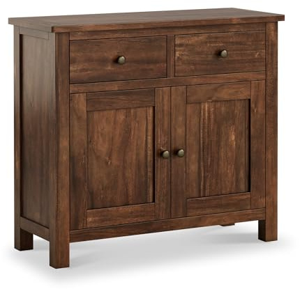 RoselandFurniture Duchy Acacia Small Sideboard Cabinet for Living Room | Fully Assembled, Wooden Storage Cupboard with 2 Doors and Two Drawers, Mid Century Modern Style, H80cm W90cm D36cm