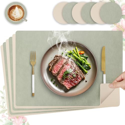 HELI MIAO 6er Set Tischset aus Leder-Imitat,Platzsets abwaschbar und wasserdicht,Platzdeckchen Lederoptik mit Untersetzer,Tischuntersetzer Doppelseitigen rutschfest(Eckig,Hellgrün+Beige)