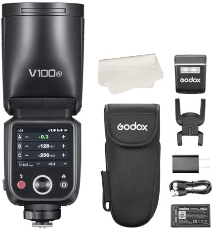 Godox V100-N 100Ws Touchscreen Kamera Blitz Speedlite für Nikon. Abnehmbarer Subblitz, USB-C Ladebatterie, 2.4G X Wireless HSS TTL Blitz für Nikon Z9 Z8 Z7II Z6 ZFC D7500 D850 D810 D5100 D3200 D3100